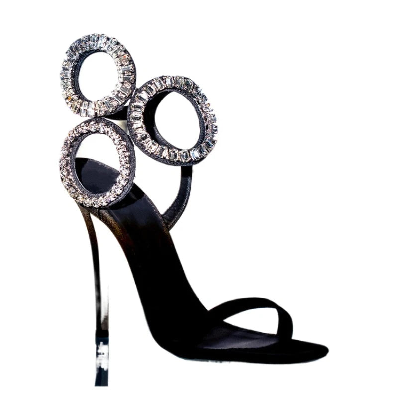 Circle Heels 2024 New Dress Wedding Shoes with Rhinestone Open Heel Roman Sandals