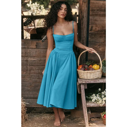 Spring Summer New Women's Clothing Solid Color Strap French Retro Dress Sleeveless Long Maxi Dresses