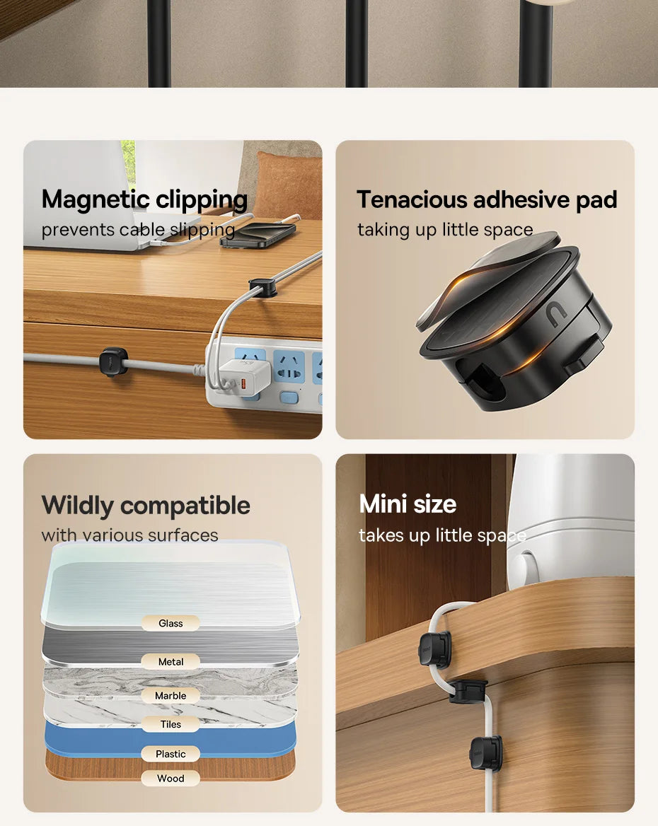 Baseus Cable Organizer Holder Magnetic Cable Smooth Adjustable Cord Holder Under Desk Cable Management Wire Keeper Cable Clips