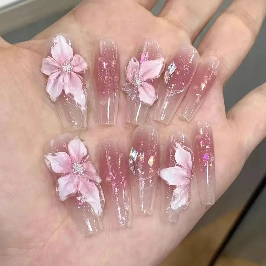 10Pcs Handmade Gradient Pink Fake Nails Long Press On Nails French False Nails 3D Pink Flowers Decor Wearable Press on Nails