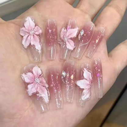 10Pcs Handmade Gradient Pink Fake Nails Long Press On Nails French False Nails 3D Pink Flowers Decor Wearable Press on Nails