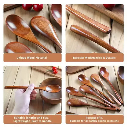 6Pcs Wooden Spoons Set, Kitchen Utensils for Soup, Dessert & Dinner Serving, Wood Cutlery