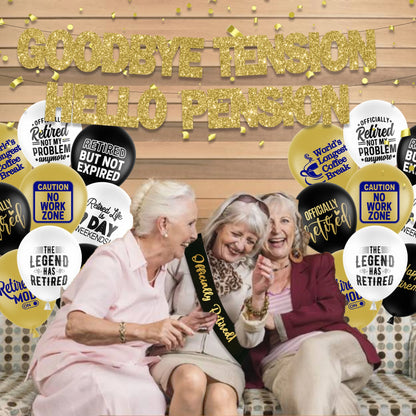 Retirement Party Decorations Supplies, Gold Glitter Banner Retirement Party Balloons Retirement Party Sash