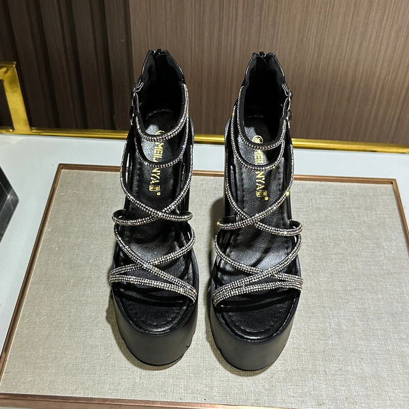 Car Model Catwalk Banquet Performance Women's Shoes 16 Cm Waterproof Pole Dance Crystal 15CM High Heel Chunky Sandals