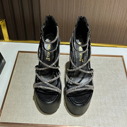 Car Model Catwalk Banquet Performance Women's Shoes 16 Cm Waterproof Pole Dance Crystal 15CM High Heel Chunky Sandals