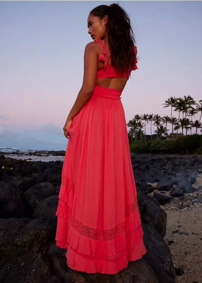 canwedance Summer Beach Dress Sleeveless Cotton Maxi Dresses Boho Style Solid Color Lace Ruffled Sundress Mujer Vestidos