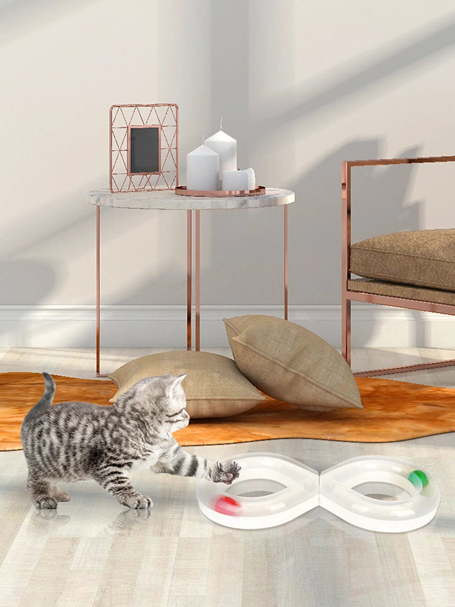 Interactive Cat Turntable Toy - 8-Shaped Track Tunnel with Spinning Ball, Multi-Cat Playhouse for Indoor Kittens