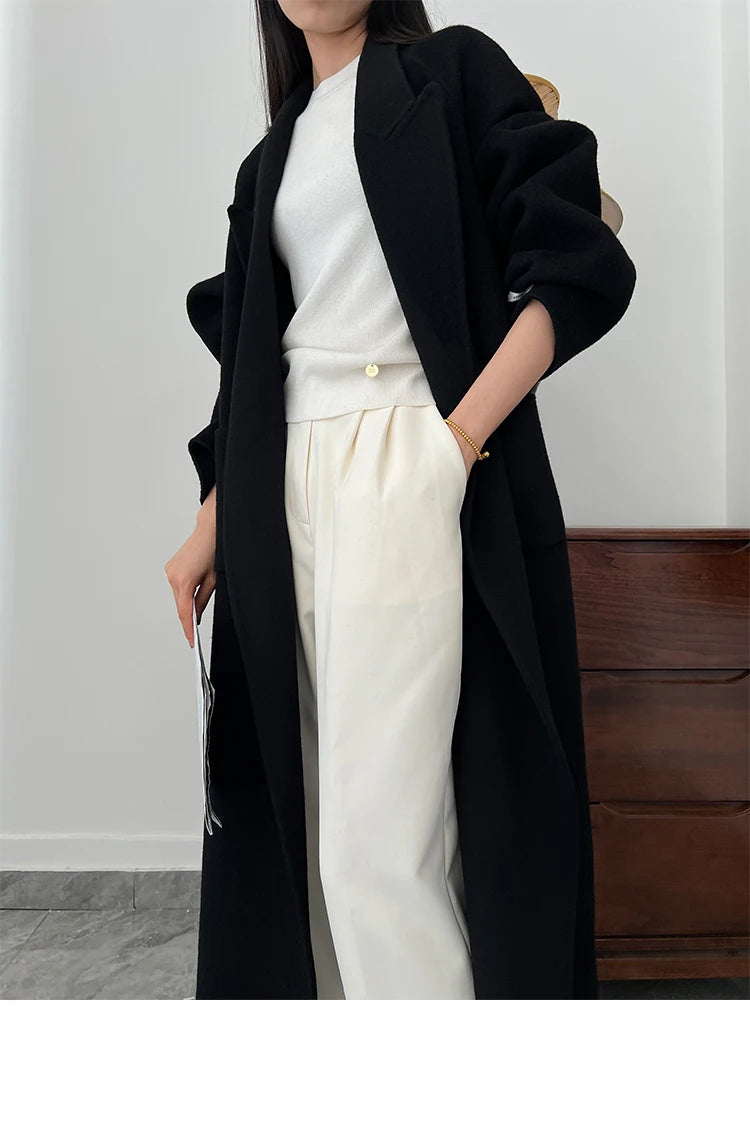 Office Lady Woolen Jackets 2024 Autumn And Winter Bathrobe Style Pocket Double-Sided Loose Lace -Up Tie Women's Long Wool Coats