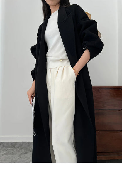 Office Lady Woolen Jackets 2024 Autumn And Winter Bathrobe Style Pocket Double-Sided Loose Lace -Up Tie Women's Long Wool Coats