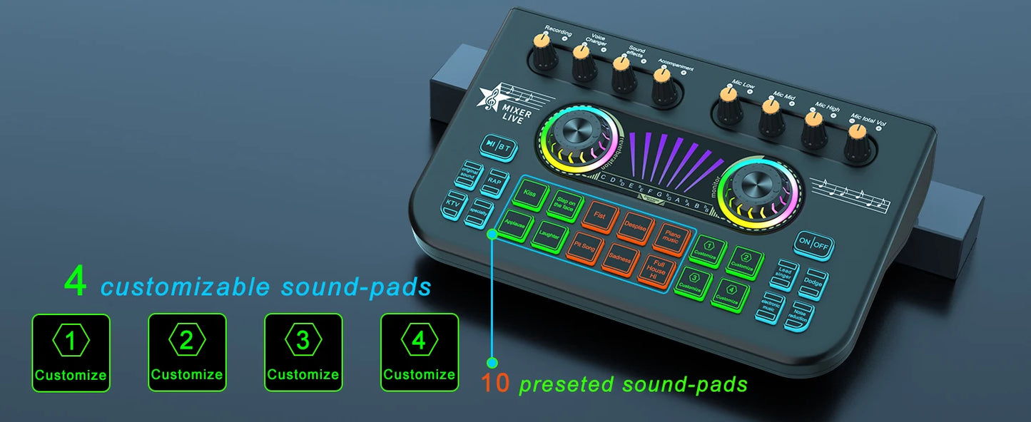 Gaming Audio Mixer,Streaming Mixer with Audio Interface BT Sound Board Voice Changer Sound Card,for PC Phone Live Streaming