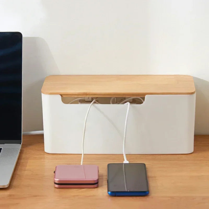 Cable Box With Wooden Cover Power Strip Wire Case Charger Socket Desktop Organizer Line Storage Box Power Board Wire Management