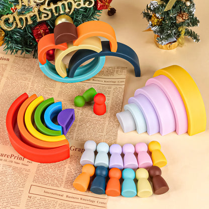 Silicone Geometric Rainbow Building Block BPA Free Babys Silicone Teether Educational Montessori Toys Stacking Block Baby Gifts