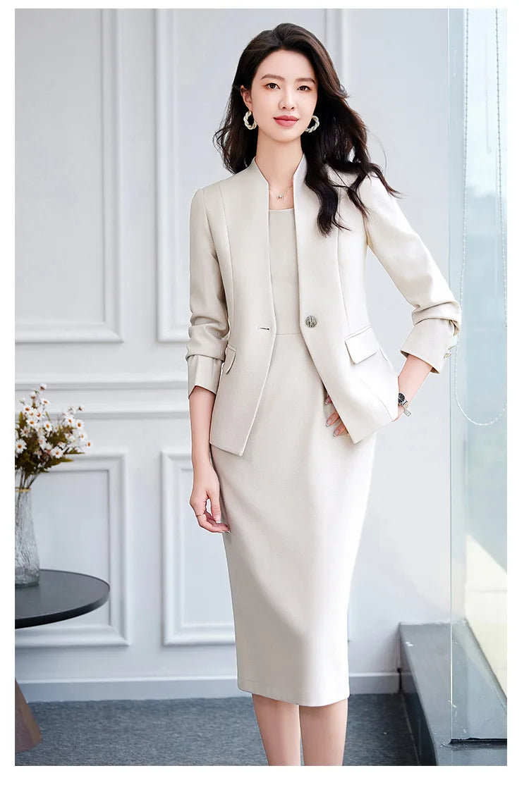 Office Suit Women Collarless Blazer + Vest Dress Set Executive Lady Workwear Elegant 2 Piece Set Long Sleeve Pink Suit Jacket