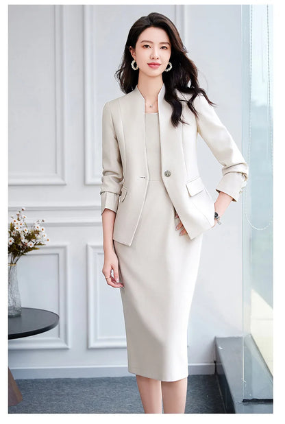 Office Suit Women Collarless Blazer + Vest Dress Set Executive Lady Workwear Elegant 2 Piece Set Long Sleeve Pink Suit Jacket