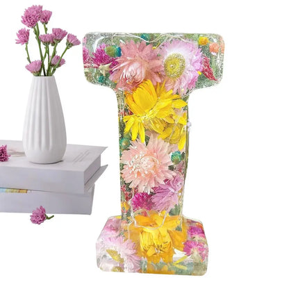 Floral 26 Letters Night Lights Decorative Resin Lamp with Initial Letter & Dry Flower Creative Table Light Night Lamp Glowing