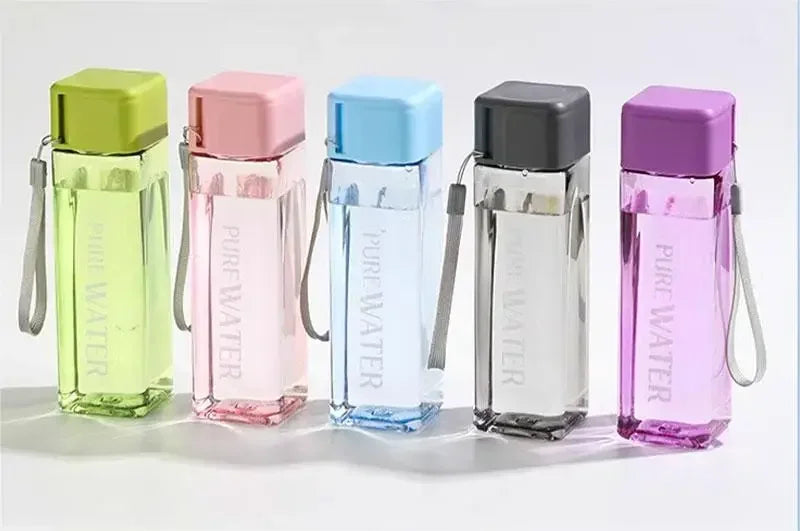 Portable Plastic Water Cup Square Bottle with Hand Strap Milk Cup Creative Frosted Portable Cup Student Sports Water Bottle