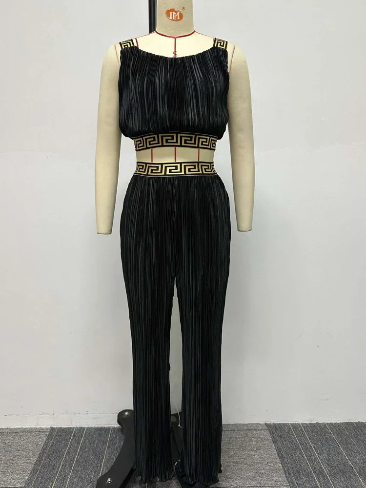 Bonnie Forest Elegant Sleeveless Printed Rcuhed Crop Top And Palazzo Pants Set Chic Tracksuit Female Clubwear Night Club Outfits