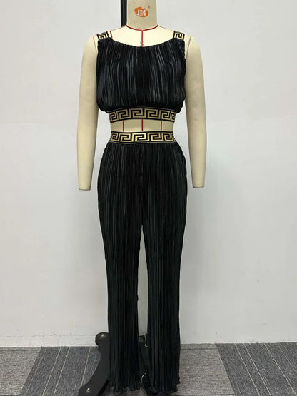 Bonnie Forest Elegant Sleeveless Printed Rcuhed Crop Top And Palazzo Pants Set Chic Tracksuit Female Clubwear Night Club Outfits