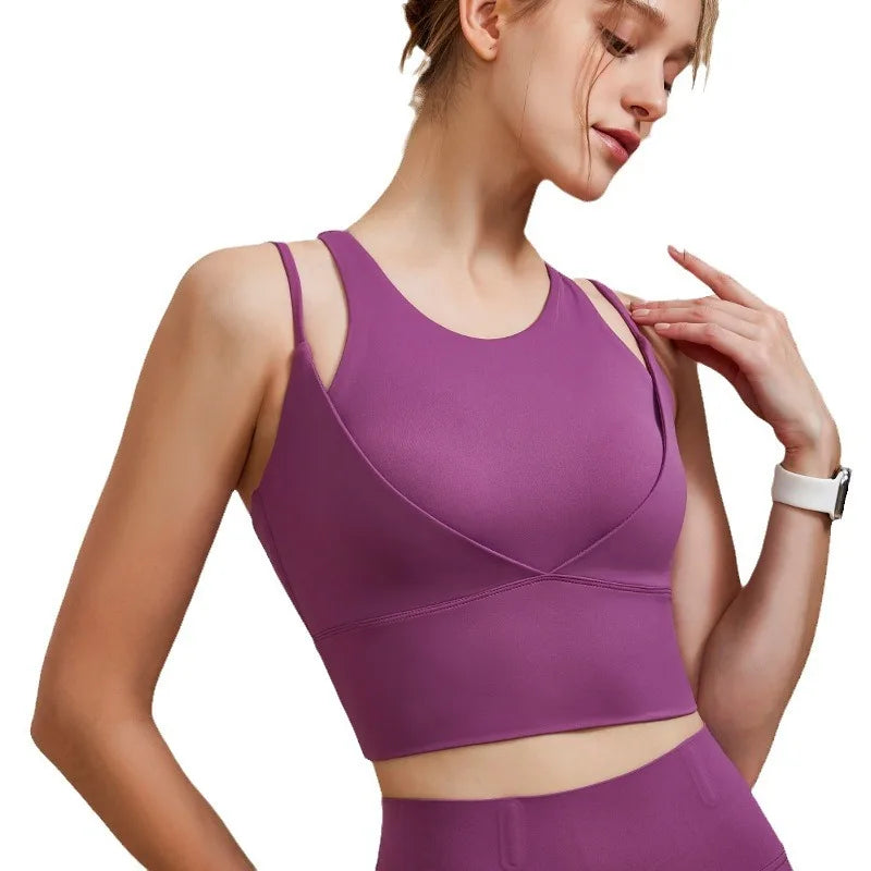 Sports Bra with Shock-absorbing Shoulder Straps for Women, Gathered Back, Fitness Bra, Running Top, New