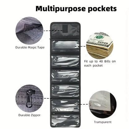 Cash storage box with 6 zippered pockets, cash ticket storage box, envelope wallet money bag