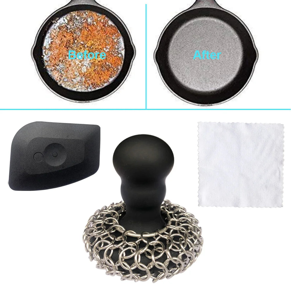 Chainmail Scrubber with Silicone Handle Cast Iron Cleaner for Cast Iron Grill Pan Skillet Wok Bakeware Cast Iron Scrubber