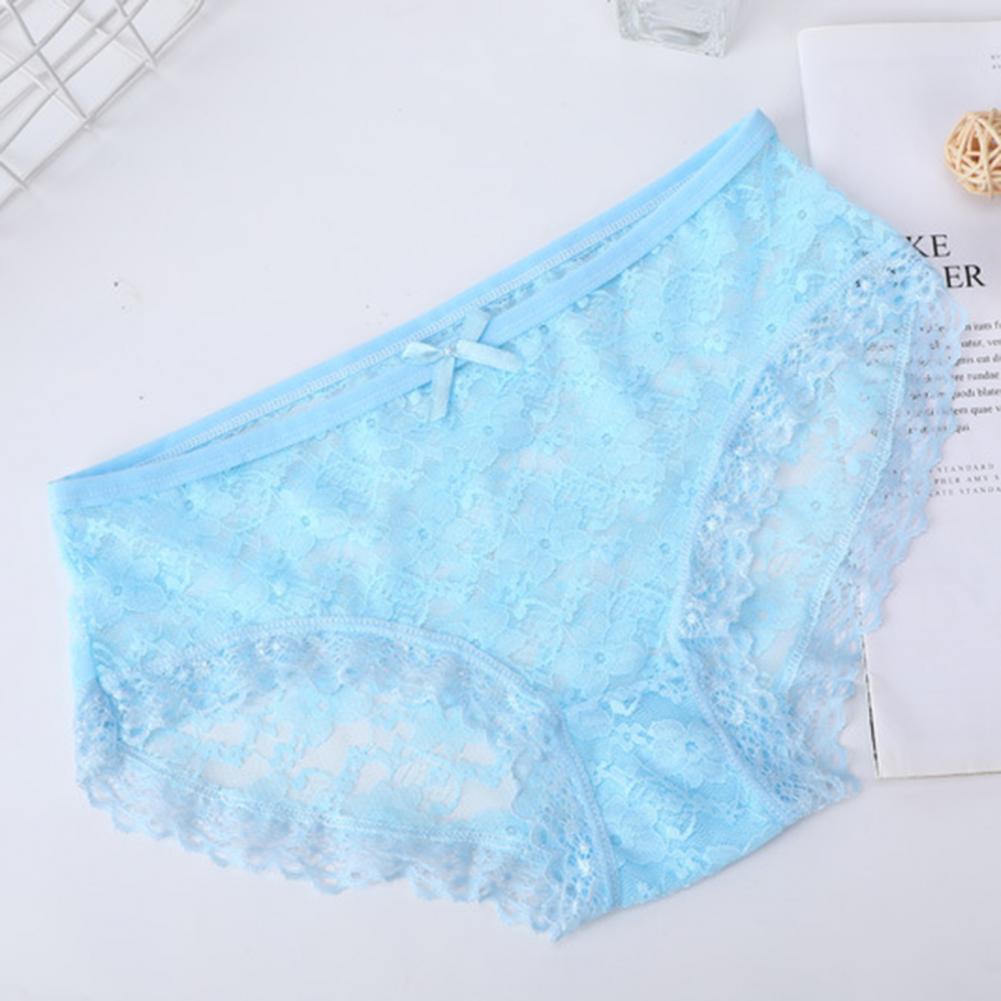 Women Panties Mid Waist Breathable Stretch Hollow Bowknot Soft See-through Lace Sexy Ladies Briefs Underpants Underwear