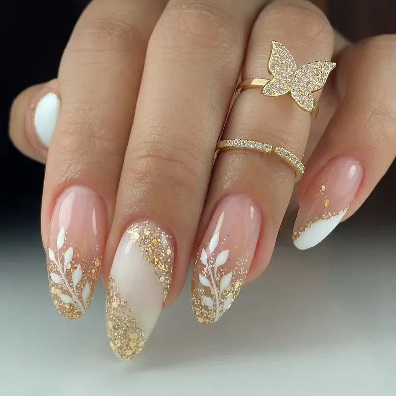 24pcs/Box Long Coffin False Nails Art Rose with Glue Wearable Nude Pink White Color Jelly Nails Tips Full Cover Press on Nails