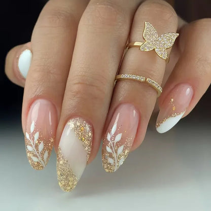 24pcs/Box Long Coffin False Nails Art Rose with Glue Wearable Nude Pink White Color Jelly Nails Tips Full Cover Press on Nails