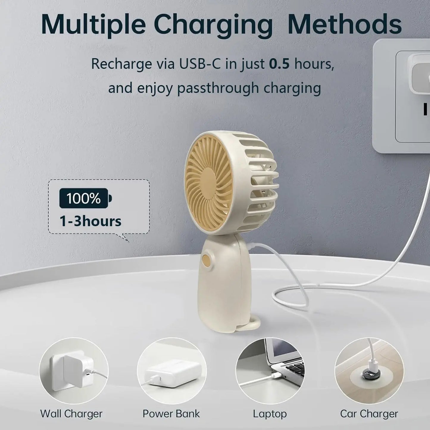 Mini Portable Fan Cute Handheld USB Rechargeable Battery Operated Lightweight Small Personal Fans with 3 Speeds for Outdoor