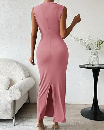 Women's Ruched Bodycon Dress Summer Casual Sleeveless Back Slit Elegant Club Evening Party Cocktail Maxi Dresses