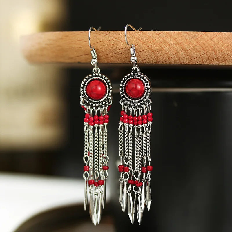 Bohemian Long Tassel Earrings For Women Handmade Jewelry Beads Chain Drop Earrings Big Round Resin Stone Dangle Ethnic Earrings
