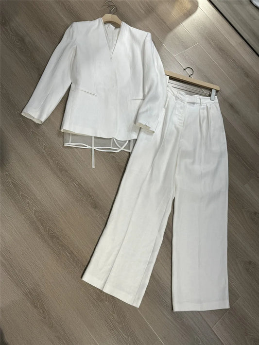 Women's Clothing 2 Piece Set White Suit Coat +High Waisted Wide Leg Pants Elegant  Suit Spring/Summer new