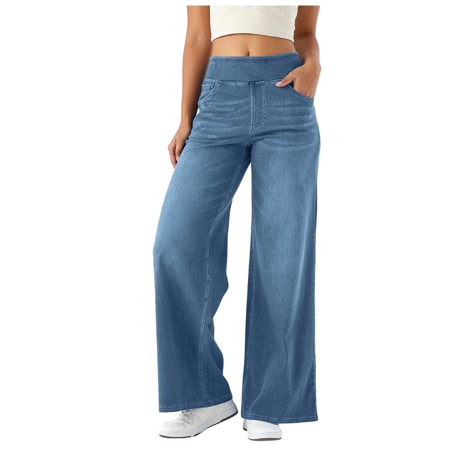 Fashion Baggy Jeans For Women Bleached Vintage High Waist Wide Leg Denim Pants With Pockets Boyfriend Stretchy Palazzo Pants