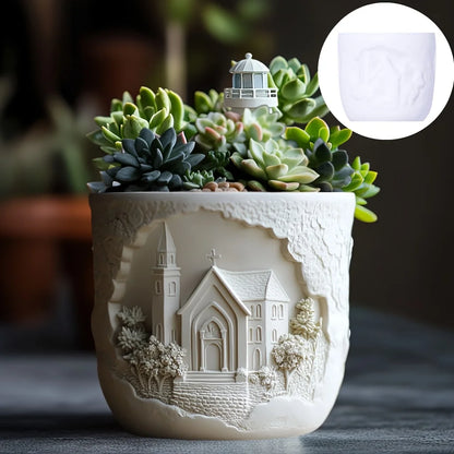 Church relief succulent plant flowerpot resin silicone mold house church storage box mold tower church cross relief gypsum molds