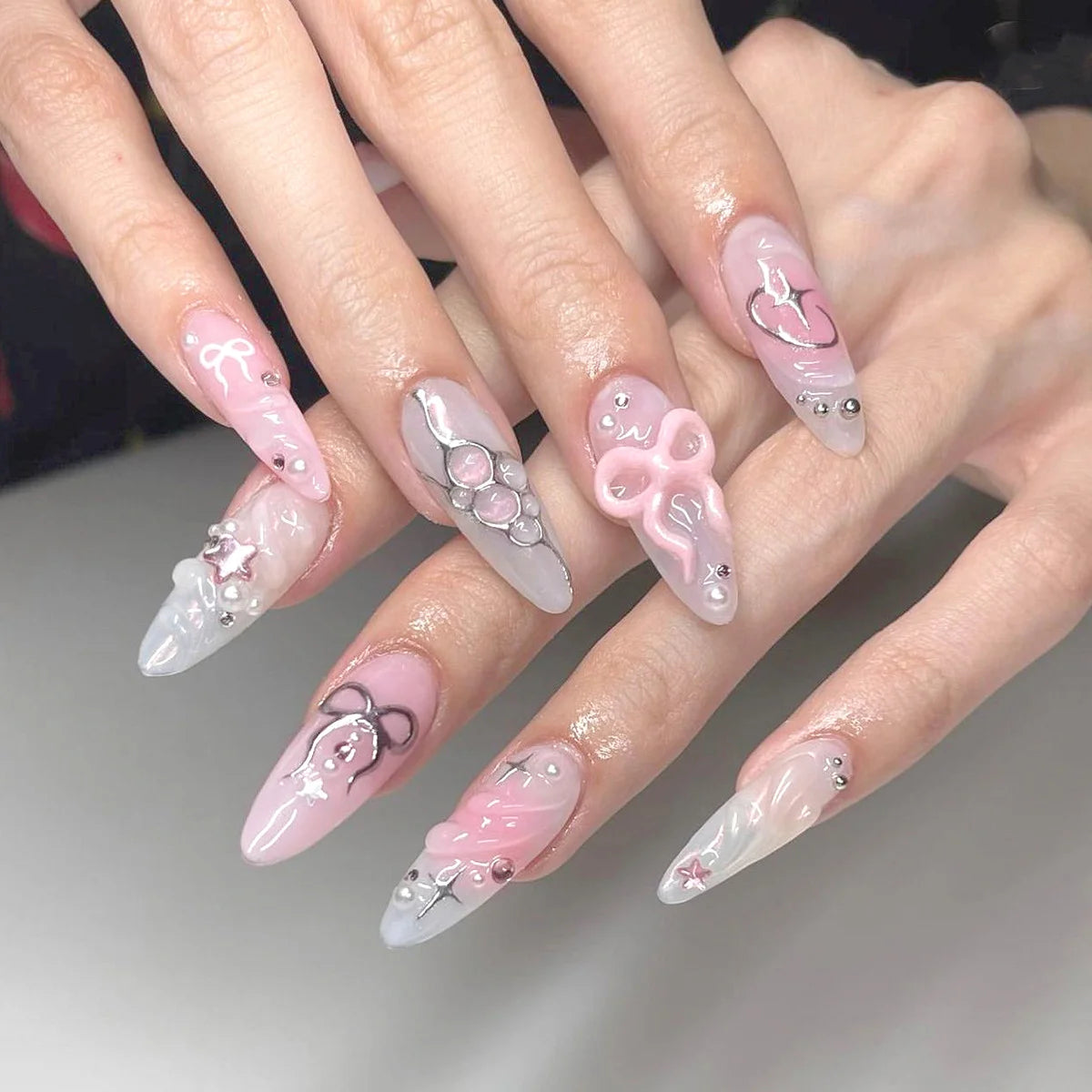 White French Short Press on Nails 3D Bowknot Designs Nude Color Fake Nails Artificial False Nails Tips for Woman DIY Manicure