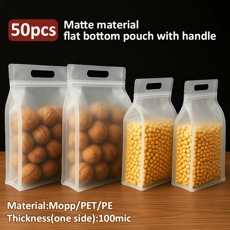 50pcs Reusable Matte Flat Bottom Pouch with Handle and Zipper Food Grade Material Plastic Packaging Bags for Storing Food Snacks