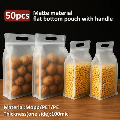50pcs Reusable Matte Flat Bottom Pouch with Handle and Zipper Food Grade Material Plastic Packaging Bags for Storing Food Snacks