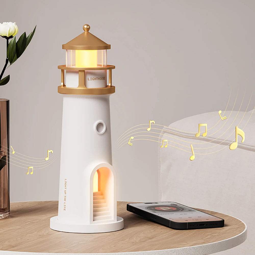 Bluetooth White Lighthouse Noise Music Night Light Dimmable Decorative Sensor Beside Nightlights Moon Projection Desktop Lamp