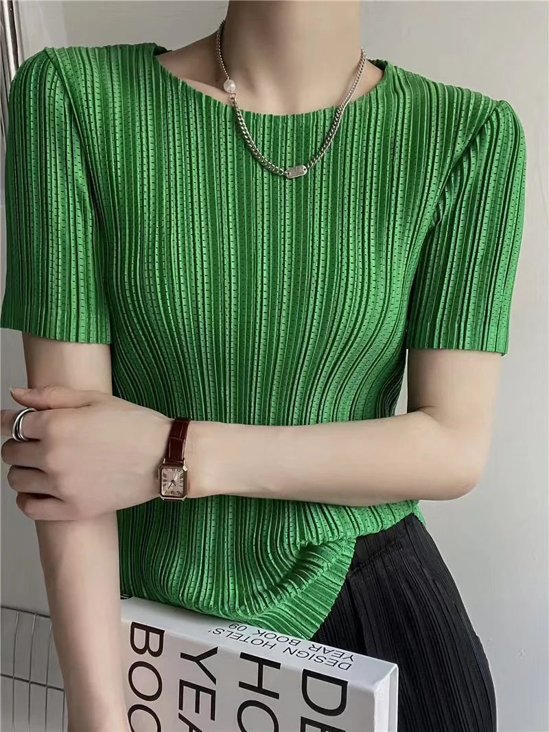 Woman Clothing  Top Women Miyake Pleated Short-sleeved Female Summer Thin Elastic Round Neck Joker Slim Pleated Hollow T-shirt