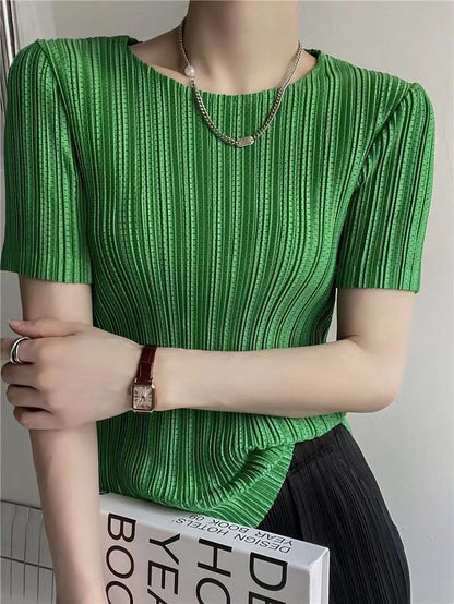 Woman Clothing  Top Women Miyake Pleated Short-sleeved Female Summer Thin Elastic Round Neck Joker Slim Pleated Hollow T-shirt