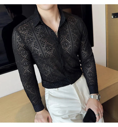 Quality Hollow Shirts For Men Korean Luxury Clothing Fashion Sexy Lace Men's Social Shirt Dress Slim Fit Long Sleeve Prom Tuxedo