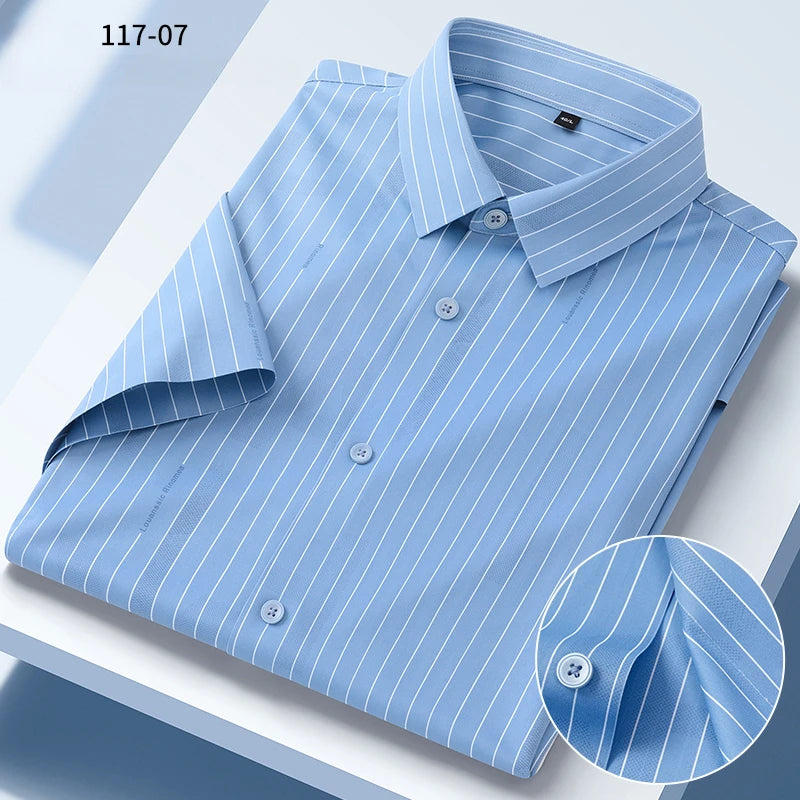 New in shirt summer short sleeve shirts for men slim fit formal plain shirt soft office striped top wrinkle free elastic clothes