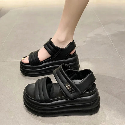 2025 Summer Women Chunky Sandals Leather High Platform Trainers Breathable Casual Slippers Shoes Woman 8.5CM Heels Wedge Sneaker