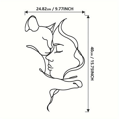 Elegant Cat and Woman Metal Wall Art - Minimalist Black Silhouette, Ideal for Cat Lovers & Sophisticated Home Décor