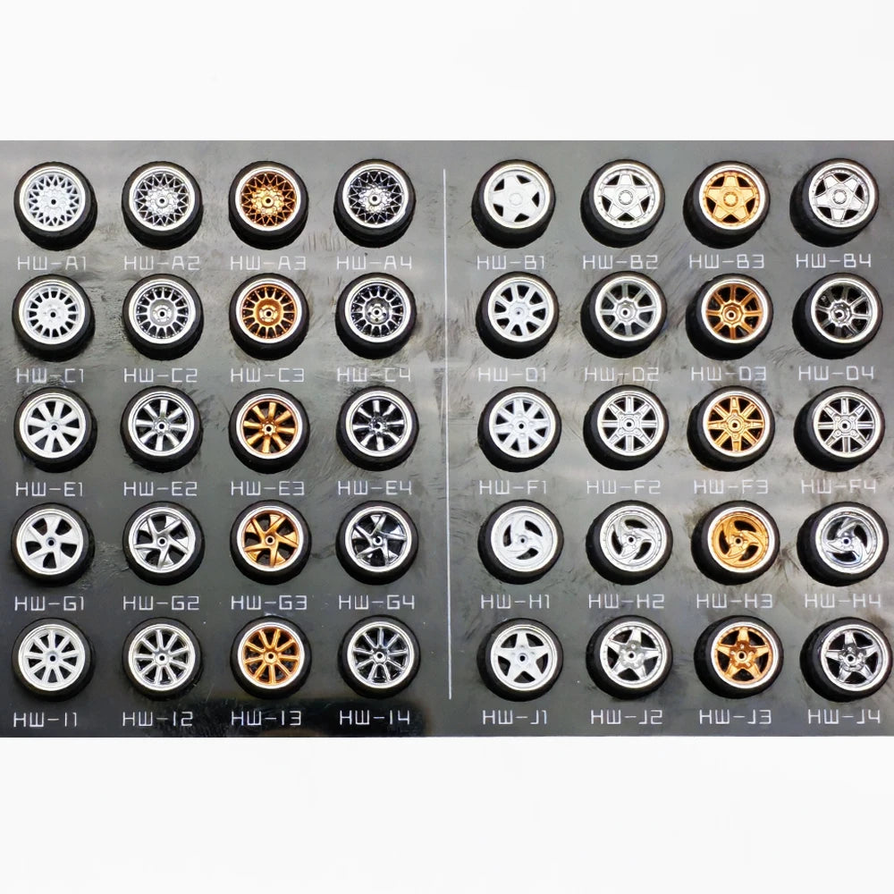 Kicarmod 1/64 Model Car ABS Wheels with Rubber Tire Metal Rims Front Small Rear Large Refitting Parts For Model Car Hot Wheels