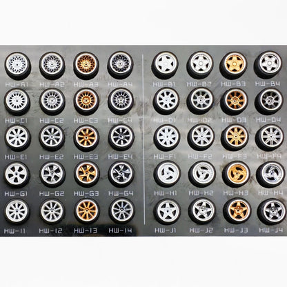 Kicarmod 1/64 Model Car ABS Wheels with Rubber Tire Metal Rims Front Small Rear Large Refitting Parts For Model Car Hot Wheels