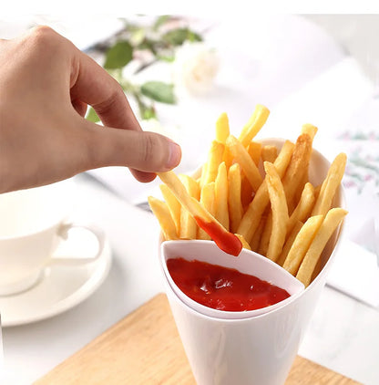 2 In 1 French Fries Cups Plastic Cups Sauces Snacks Dessert Plate Ketchup Slant Cup Two Cup Spout Kitchen Accessories