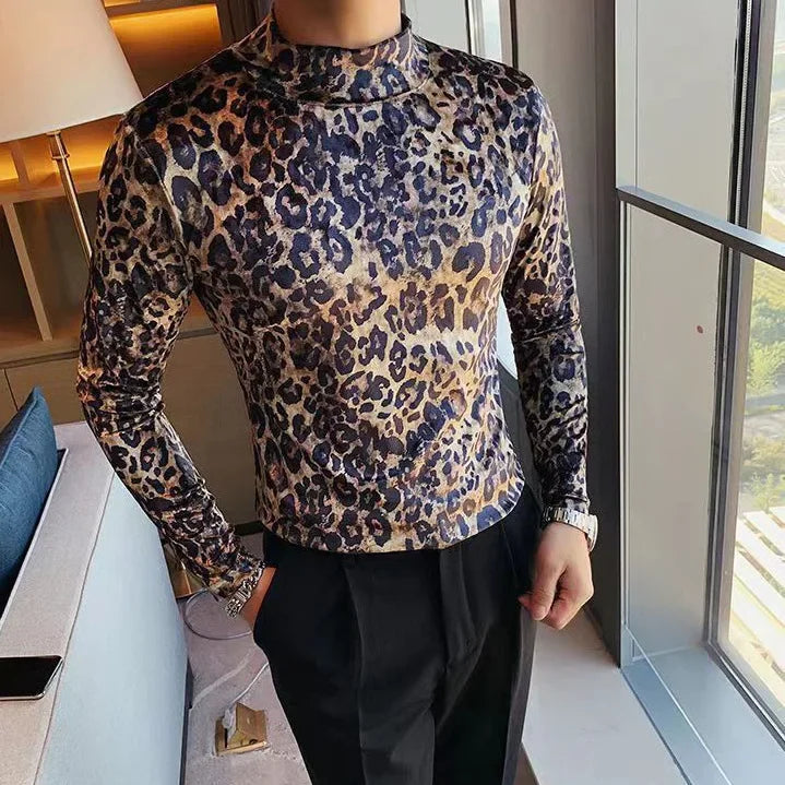 Mens T-shirt Long Sleeve Leopard Print Stretch Skinny Gym Shirt High Neck Base Shirt for Men