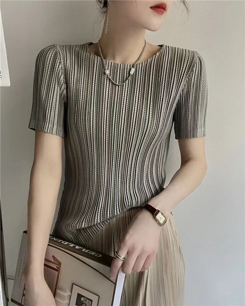 Woman Clothing  Top Women Miyake Pleated Short-sleeved Female Summer Thin Elastic Round Neck Joker Slim Pleated Hollow T-shirt