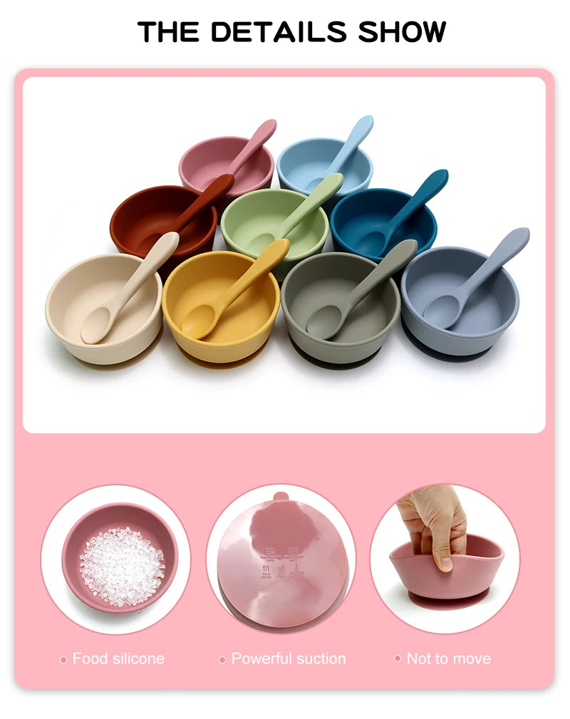 Food Grade Silicone Baby Feeding Bowls with Lid Anti-fall Strong Suction Dining Bowl for Toddler Kid Training Tableware BPA Free